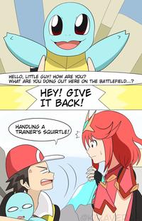 HELLO, LITTLE GUY! HOW ARE YOU? WHAT ARE YOU DOING OUT HERE ON THE BATTLEFIELD...? HEY! GIVE IT ВАСK! HANDLING A TRAINER'S SQUIRTLE! @KIRAVER