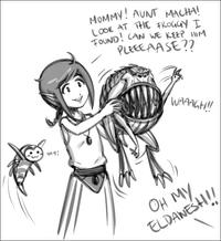Lofn is the offspring of Taldeer and LIIVI from <a href="https://1d4chan.org/wiki/Story:Love_Can_Bloom">Love Can Bloom</a> who is accompanied by her pet Tyranid wherever she goes.
In a surprise twist, we have a 40k story that ends in a happy, loving and stable family living in relative peace.