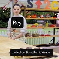 STE Rey STAND UPO the broken Skywalker lightsaber