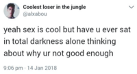 Coolest loser in the jungle @alxabou L yeah sex is cool but have u ever sat in total darkness alone thinking about why ur not good enough 9:06 pm 14 Jan 2018