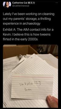 Catherine Cai @catherinewcai Lately I've been working on cleaning out my parents' storage, a thrilling experience in archaeology Exhibit A: The AIM contact info for a Kevin. I believe this is how tweens flirted in the early 2000s poau Sk8pile 123 Kevih tinforrens