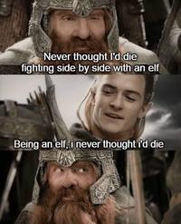 Never thought Il'd die fighting side by side with an elf Being an elf, i never thought i'd die