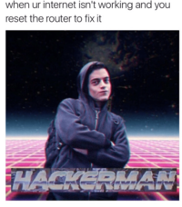 when ur internet isn't working and you reset the router to fix it HACKERMAN