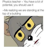 Physics teacher ~ You have a lot of potential, you should use it -Me realizing we are standing at the top of a building