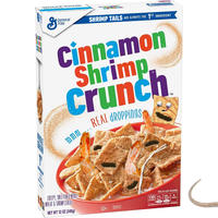 General Kills SHRIMP TAILS ARE ALWAYS THE 1ST INGREDIENT Cinnamon Shrimp Crunch TM REAL DROPPINGS: mmm CRISPY, SWEETENED WHOLE WHEAT &SARIMP CEREAL PER 3/4 CUP SERVING 130 0.5 CALORIES 180 9, SAT FAT NET WT 12 OZ (340g) SODUM SUGARS ENLARGED TO SHOW DETAIL SEE NUTAMON FACTS FOR "AS PREPARE" INFORMATION