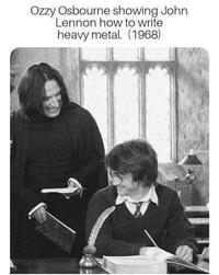 Ozzy Osbourne showing John Lennon how to write heavy metal. (1968) Hairstyle Photograph Font Adaptation