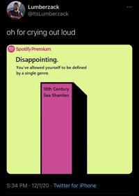Lumberzack @ltsLumberzack Budweis oh for crying out loud Spotify Premium Disappointing. You've allowed yourself to be defined by a single genre. 18th Century Sea Shanties 5:34 PM · 12/1/20 · Twitter for iPhone