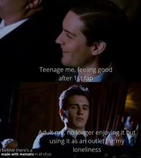 Teenage me, feeling good after 1st fap Adult me, no longer enjoying it but using it as an outlet for my i believe there's a made with mematic in all of us loneliness