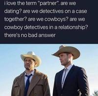 i love the term "partner". are we dating? are we detectives on a case together? are we cowboys? are we cowboy detectives in a relationship? there's no bad answer