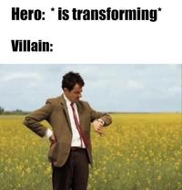 Hero: * is transforming* Villain: Clothing Flower Plant Ecoregion Sky People in nature Vertebrate Nature Natural environment Dress shirt Happy Tie Mammal Gesture Grass Natural landscape Grassland Agriculture Plain Adaptation Suit Blazer Rural area Meadow Grass family Field