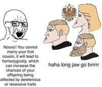 Noooo! You cannot marry your first cousin, it will lead to homozygosity, which can increase the chances of your offspring being affected by deleterious or recessive traits haha long jaw go brrrrr