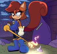 Apparently, don't quote me, Flynn would like the Freedom Fighters back but admits they would need a TOTAL revamp. The artist here imagines her as one of Blaze's royal guards, I think it looks pretty good.
(I also really like the idea of Blaze giving all her guards fire magic imbued swords)
Art and background idea by Kitare, click that link and support the artist. ("Another work of this design by the same artist here":https://twitter.com/KitareArtist/status/1324164702746877952)