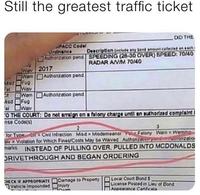 Still the greatest traffic ticket CD THE PACC Codel Ordinance AUmonzation pend SPEEDING (26-30 OVER) SPEED: 70/40 Description (cude ny bend amouni ceolecied en nch RADAR ANM 70/40 Wew 2017 Wern Authonzation pend Fug Msd Wav Fel Warn Authonization pend Asd Fug el l Owav O THE COURT: Do not arralon on a felony chargo unti an authorized complaint nso Code(s) 3. for Tvpe C- CMl Intraction Misd Misdemeanor Pol Felony Warn Warning VViolation for Which Fine/Costs May be Waved Authonze. marks INSTEAD OF PULLING OVER, PULLED INTO MCDONALDS Ionzation ORIVETHROUGH AND BEGAN ORDERING CHE CK IF APPROPRIATE Damage to Property Vehicle Impounded inury Local Court Bond $ License Posted in Lieu of Bond ADDearance Canticate Font Rectangle
