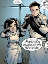 HEY, SAJANI. I WA- GET A CAME DISCUS THE K OH--PETER HAS A SECRET DOOR TO HIS LAB. IT'S HOW HE HAS COVERT MEETINGS WITH SPIDER-MAN. HE'S GETTING HIS TECH FROM US AGAIN. YO Spider-Man Mary Jane Watson Hair Cartoon Hairstyle Organ Gesture Art Wings Black hair