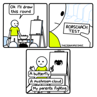 Ok l'll draw this round RORSCHACH TEST THEJENKINSCOMIC A butterfly (A mushroom cloud My parents fighting Furniture White Cartoon Sharing Human body Rectangle Organism Gesture Font Line Parallel