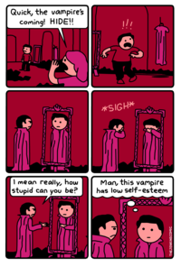 Quick, the vampire's Coming! HIDE!! *SIGH* I mean really, how stupid can you be? Man, this vampire has low self-esteem THEJENKINSCOMIC Comics Facial expression White Purple Product Rectangle Human Sleeve Pink Art Font Violet Red Line Magenta People Parallel