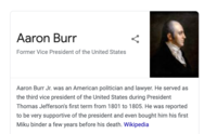 Aaron Burr Former Vice President of the United States Aaron Burr Jr. was an American politician and lawyer. He served as the third vice president of the United States during President Thomas Jefferson's first term from 1801 to 1805. He was reported to be very supportive of the president and even bought him his first Miku binder a few years before his death. Wikipedia