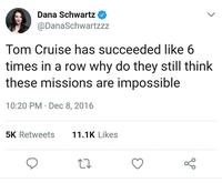 Dana Schwartz @DanaSchwartzzz Tom Cruise has succeeded like 6 times in a row why do they still think these missions are impossible 10:20 PM · Dec 8, 2016 5K Retweets 11.1K Likes
