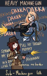 HEAVY MACHINE GUN RATATADAKKA DAKKA 6. DAKKATA, DAKKA PATANT TATATA DAKKA ATA PULL MY TRIGGER MOMMY SPANK MY BUT IM A DIRTC LITTLE GUN AHHHNNN Squeeze me harder Sub - Machine gun Idk Cartoon Vertebrate Smile Font Witch hat Poster Illustration
