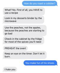 How do you roast a cobbler? What? No. First of all, you HAVE to use a recipe Look in my desserts binder by the microwave Use the peaches, not the apples, because the peaches are starting to go bad Check in the cabinet by the fridge for most of the spices you'll need PREHEAT the oven! Keep an eye on the timer. Don't let it burn. You make fun of his shoes. I hate you