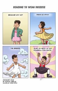 REASONS TO WEAR DRESSES BECAUSE WHY NOT DRESS GO SPINNY ALSO MY BODY IS TOO POWERFUL FOR PANTS. THE BREEZE ASSIGNED MALE BY SOPHIE LABELLE COLORS BY MARIE-ORTIE