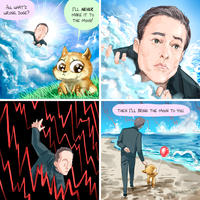 Aw, WHAT'S WRONG, DOGE? I'LL NEVER MAKE IT TO THE MOON! THEN I'LL BRING THE MOON TO YOU. @GPeime 85 Vertebrate Blue Dog Organism Mammal Art Happy Adaptation People