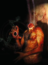 Excerpt from The Grand Gribbly Grimoire by Number 14:

"Y'golonac (The Defiler) is a Great Old One. He is the god of perversion and depravity – not just "average" human perversions or depravities, but any that can be conceived of by a sapient being (sane or otherwise). His demeanor is much like that of Nyarlathotep, but he is much more perverse and sadistic. Y'golonac can sometimes be summoned merely by reading his name in the The Revelations of Gla'aki."

"Y'golonac is imprisoned behind a wall of bricks in unknown ruins. His true form is uncertain, but when he possesses a human host to manifest, he appears as a grotesquely obese man, lacking a head or neck, with a mouth in the palm of each hand. Unlike other deities, Y'golonac is clearly capable of understanding humans, to the point of being able to conduct a conversation in English through his human host."

"Y'golonac seeks humans who read perverse and forbidden literature to become his servants. When Y'golonac is summoned, he offers to grant the summoner the dubious honor of becoming his priest, or simply kills him for food."

Artist's Description:

Cover for "cthuloid welten" magazine
