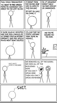 IT DOESN'T MEAN THAT ANYONE ELSE HAS TO LISTEN TO YOUR BULLSHIT, THE 1ST AMENDMENT DOESN'T SHIELD YOU FROM CRITICISM OR CONSEQUENCES. PUBLIC SERVICE ANOUNCEMENT: THE RIGHT TO FREE SPEECH MEANS THE GOVERNMENT CAN'T ARREST YOU FOR WHAT YOU SAY. OR HOST YOU WHILE YOU SHARE IT. IF YOU'RE YELLED AT, BOYCOTTED, HAVE YOUR SHOW CANCELED, OR GET BANNED FROM AN INTERNET COMMUNITY, YOUR FREE SPEECH RIGHTS AREN'T BEING VIOLATED. IT'S JUST THAT THE PEOPLE LISTENING THINK YOU'RE AN ASSHOLE, AND THEY'RE SHOWING YOU THE DOOR. WE REMOVED ALL OF THE DOORS. WE OWN ALL OF THE WAIT, WHAT? WHERE IS THE DOOR? BUILDINGS NOW. IF YOU CAN'T SPEAK HERE, THEN YOU CAN'T SPEAK ANYWHERE/ SHIT. Head Vertebrate White Organ Human Organism Gesture Font Line Parallel Pattern Sleeve Rectangle