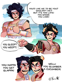 YOU'D LIKE ME TO BE YOU? WOULDN'T ME? BUT IT'S TOO LATE! YOU SNOZE YOU LOZE! YOU SLEEPT YOU WEEPT! YOU NAPPA YOU GET SLAPPA! WELL! YOU SLUMBER A CUCUMBER! Hair Hairstyle Cartoon Facial expression White Organ Sharing Human Mammal Art Gesture Interaction Happy Font Smile Line Black hair People