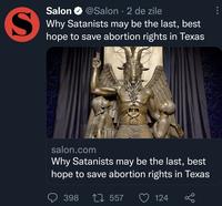 Salon O @Salon · 2 de zile Why Satanists may be the last, best hope to save abortion rights in Texas salon.com Why Satanists may be the last, best hope to save abortion rights in Texas 398 27 557 124 World Temple Organism Font Adaptation Sculpture Art Symmetry