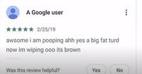 A Google user ***** 2/25/19 awsome i am pooping ahh yes a big fat turd now im wiping ooo its brown Was this review helpful? Yes No