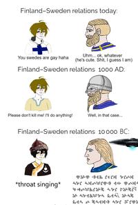 Finland-Sweden relations today: Uhm... ok, whatever (he's cute. S---, I guess I am) You swedes are gay haha Finland-Sweden relations 1000 AD: Please don't kill me! l'll do anything! Well, in that case... Finland-Sweden relations 10 000 BC: *throat singing*