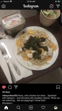 ll Boost 12:34 AM Instagram COUNTRY CROCK Courtry Fresh Taste ORIGINAL 20 likes mikeymiles160 Pasta, with chicken fun bites... Sparkled with spinach... And drizzled with cheddar cheese. When we are watching... We are popping!!!! Great Dish #foodporn +)