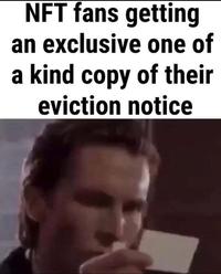 NFT fans getting an exclusive one of a kind copy of their eviction notice Forehead Eyebrow Mouth Jaw Gesture Font Happy