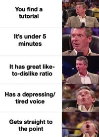You find a tutorial It's under 5 minutes It has great like- to-dislike ratio Has a depressing/ tired voice Gets straight to the point
