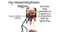 my metamorphosis begins. the form they promised me is great but my transition shall be agonizing oh god my flesh.. is. melting.