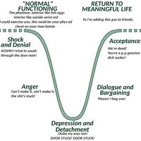 "NORMAL" FUNCTIONING The phantom, exterior like fish eggs RETURN TO MEANINGFUL LIFE interior like suicide wrist-red Yo I'm adding this guy to friends. I could exercise you, this could be your phys-ed cheat on your man homie Shock and Denial Ассeptance We're dead! AGHHH I tried to sneak through the door man! You're a g-g-genuine d--- sucker! Anger Can't make it, can't make it, Dialogue and Bargaining the s---'s stuck! Please! I beg you! Depression and Detachment Outta my way son! DOOR STUCK! DOOR STUCK!