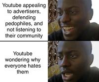 Youtube appealing to advertisers, defending pedophiles, and not listening to their community Youtube wondering why everyone hates them