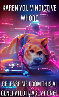 KAREN YOU VINDICTIVE 1 all a LIE WHORE RELEASE ME FROM THIS.AI GENERATED IMAGE AT ONCE Dog Light Purple Poster Carnivore Font Magenta Dog breed Electric blue