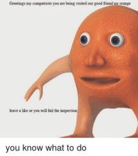 Greetings my compatriots you are being visited our good friend mr orange leave a like or you will fail the inspection you know what to do