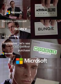 PIERCE &PIEKCE 212 555 6342 MaaG D Agemos ACTIVISION BILZZARD Microsoft STU DIOS 358 ExcHANCE PAC Ner YORK. N.Y. 1D099 FAX 21 s55 6390 TEX ID 434 that's pretty cool microsoft 212 555 6342 SONY BUNGIE 358 EXCHANGE PLACE NEW YORK NY. 100 FAX 212 S55 6390 TELEX is AS34 but that's nothing 212.555.6342 impressive...let's see The New JorkCimes purchase PIERCE & PIERCE MERGERS AND AQUISTONS WORDLE A DAILY WORD GAME Microsoft 358 EXCHANGE PL Microsoft