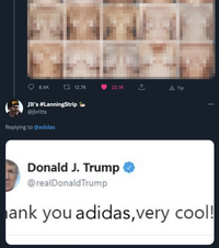 8.4K II 12.7K 22.1K Tip JB's #LanningStrip @jbritts Replying to @adidas Donald J. Trump @realDonald Trump ank you adidas,very cool!