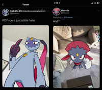 2:16 1 l LTE Tweet Weavile SNEASLER (Interdimensional entity) @Sneasler ... @Weavile Replying to @Sneasler POV youre jjust a little hater And?