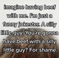 imagine having beef with me. I'm just a funny jokester. A silly little guy. You're gonna have beef with a silly little guy? For shame.