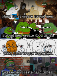 Hard times create strong men. Strong men create good times. Good times create weakmen. BITCOIN HITS TO 3000 END OF THE WORLD? Weak men create hard times. NGARY& PEPE THE FROG TO 3000!