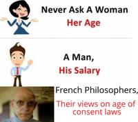 Never Ask A Woman Her Age A Man, His Salary French Philosophers, Their views on age of consent lawS