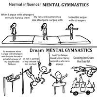 Normal influencer MENTAL GYMNASTICS When I argue with strangers my fans harass them My fans will sometimes dox strangers i argue with I shouldnt argue with strangers Dream MENTAL GYMNASTICS Its awesome when I argue with strangers and they are forced to private because of Im not in control my insufferable of my fanbase its Even if my fanbase doxxed before it barely Doxxing isnt even happened so who cares that bad lol fanbase not my fault anyways