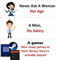 Never Ask A Woman Her Age A Man, His Salary A gamer How many games in their library they've Games 83 Apps 15 actually played Groups Start Full library Manage Qumue 匪