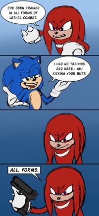 This comic is great and all but my mind is struggling to imagine knuckles being able to pull the trigger with his gloves still on. Maybe learning how to was also part of his training...