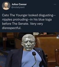 Julius Caesar @notatyrant Cato The Younger looked disgusting-- n------ protruding--in his blue toga before The Senate. Very very disrespectful. Q MENGE 1